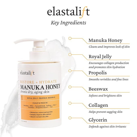 Elastalift Manuka Honey Cream Face Moisturizer & Body Butter Lotion For Dry Skin | Firming & Hydrating Miracle Balm Skin Care Moisturizing Lotion For Women, Wrinkles, & Sun Damaged Skin, 15 Fl Oz