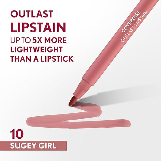 COVERGIRL Outlast, 10 Sugey Girl, Lipstain, Smooth Application, Precise Pen-Like Tip, Transfer-Proof, Satin Stained Finish, Vegan Formula, 0.06oz