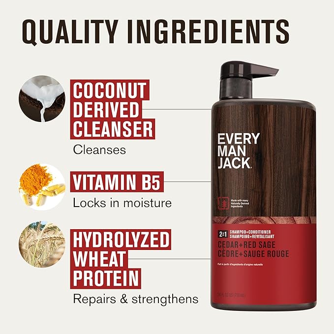 Every Man Jack 2-in-1 Daily Shampoo + Conditioner - Cedar and Red Sage | Nourishing For All Hair Types, Naturally Derived, Cruelty-Free Shampoo and Conditioner Set for Men | 24oz -1 Bottle