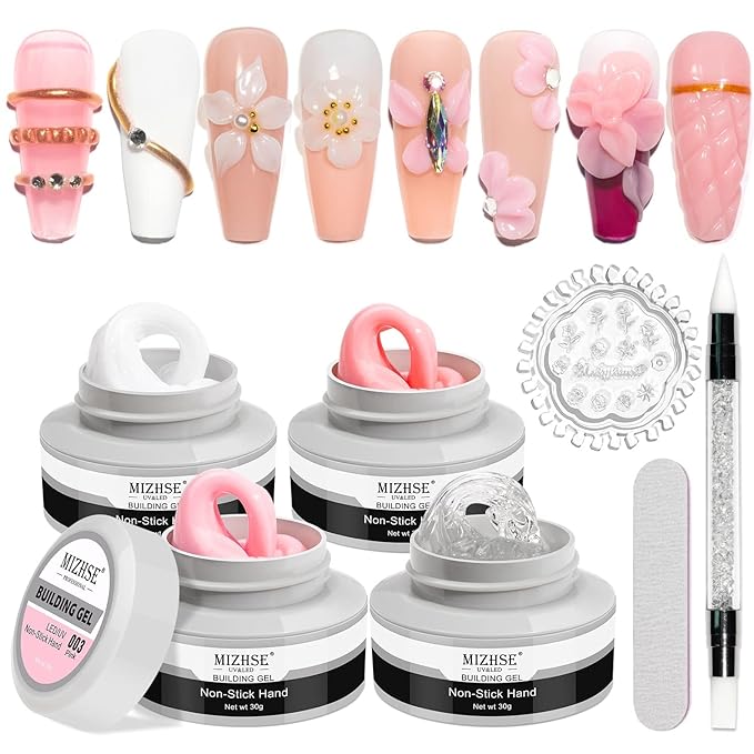 MIZHSE Solid Builder Gel, Nail Sculpture Gel Non-Sticky 4 Colors Nude Clear White Pink Hard Builder Nails UV LED Nail Extension for Salon Manicure Home DIY