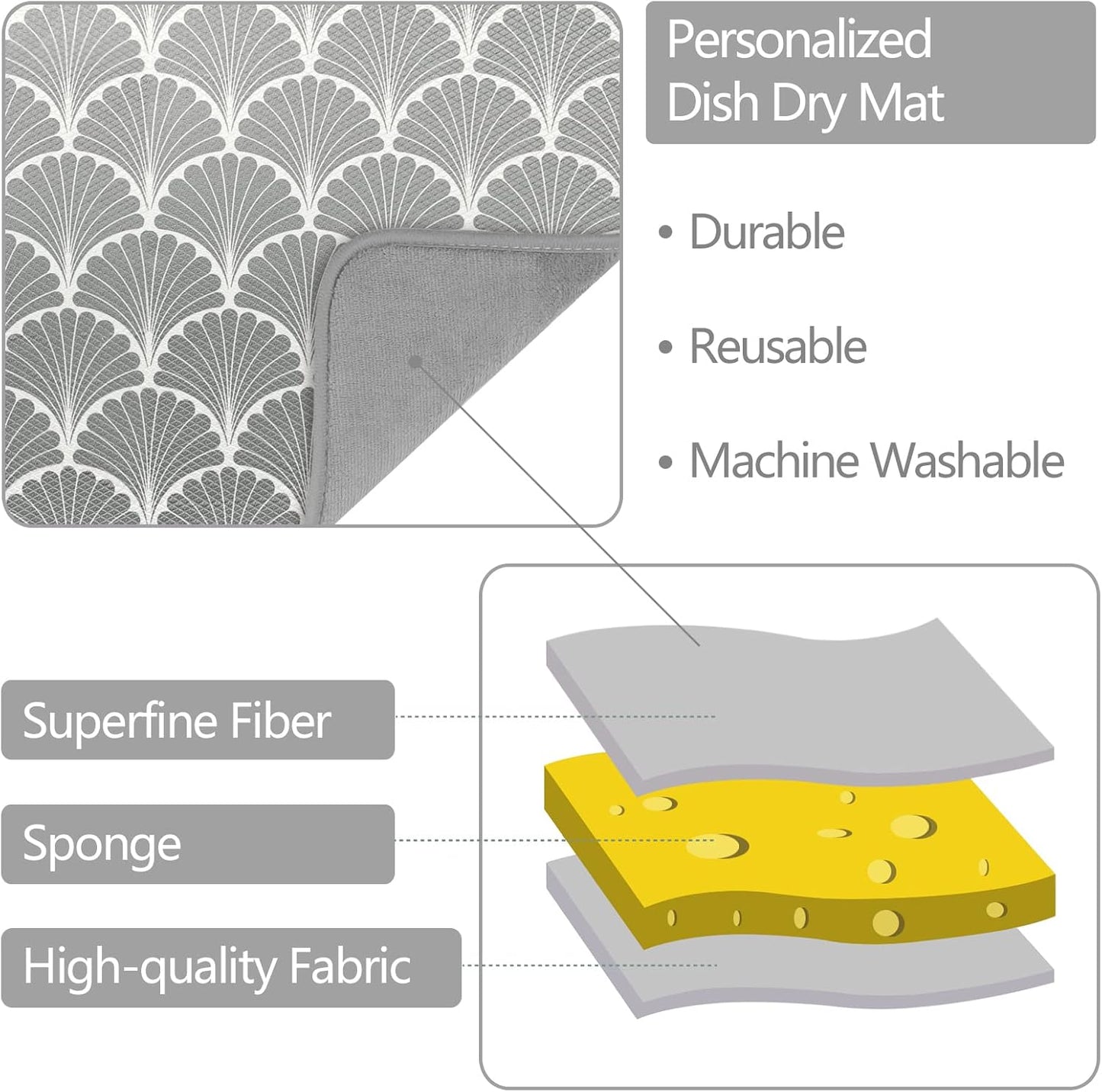 SHIYUE Dish Drying Mat for Kitchen Counter Super Absorbent Spring Kitchen Decor Microfiber Drying Matainers Rack Fast Pad Dish Drainer Mats(Grey Shell Geometric,16''x18'')