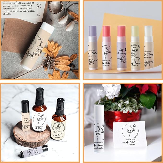 OLYCRAFT 100Pcs 4 Style Lip Balm Label Sticker Word Labels Stickers Adhesive Lip Balm Label Sticker Plastic Lipstick Tag Stickers for Lip Balm Container Tubes 1.7x2.1 inch