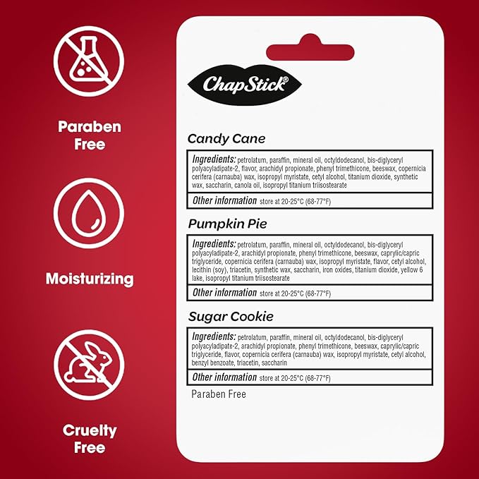 ChapStick Holiday Collection - Candy Cane, Pumpkin Pie & Sugar Cookie Flavors - Blister Pack of 3 Sticks 0.15 Each - Pack of 6 = 18 Sticks, Great Holiday Gift 3 Count (Pack of 6)