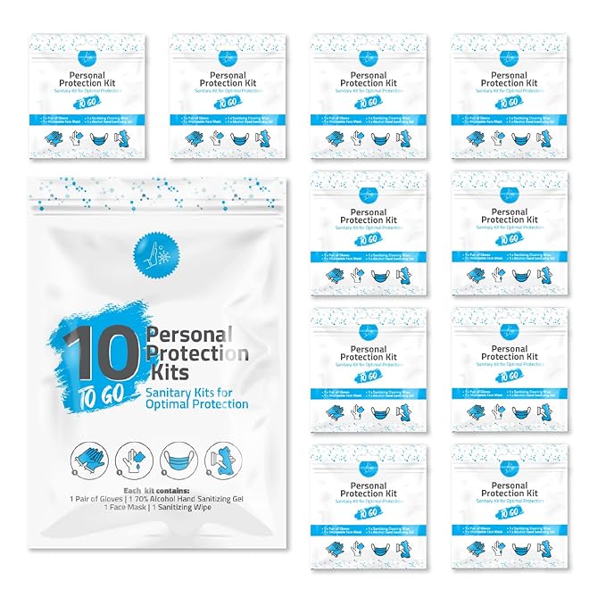 Personal Protection Kit TO GO, Mini 4 Item PPE Kit for travel and school | Includes 1 Each of Face Covering, Gloves, Cleansing Wipes & Hand Cleansing Gel | 10 - Pack (Light Blue)