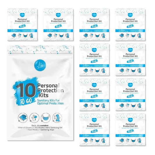 Personal Protection Kit TO GO, Mini 4 Item PPE Kit for travel and school | Includes 1 Each of Face Covering, Gloves, Cleansing Wipes & Hand Cleansing Gel | 10 - Pack (Light Blue)