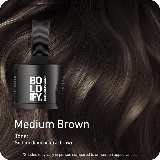 BOLDIFY Hairline Powder - Root Touch Up Hair Color for Gray Coverage - Bald Spot Concealing Hair Powder for Women & Men - 48-Hour Stain-Proof - Medium Brown