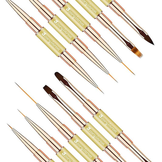 Nail Art Brushes for Nail Art, Professional 5Pcs Double-Ended Acrylic Nail Brush Set for Details, Long Lines, Ombre & 3D Design-Perfect for DIY Manicures & Salons (Gold)