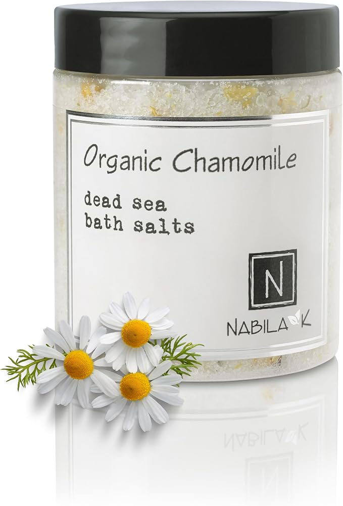 Organic Chamomile Bath Salts by Nabila K - Dead Sea Salt & Epsom Salt Scrub & Soak - Exfoliates & Hydrates Skin, Botanical Essential Oils - Bubble Bath Accessories for All Skins Types, 8 oz