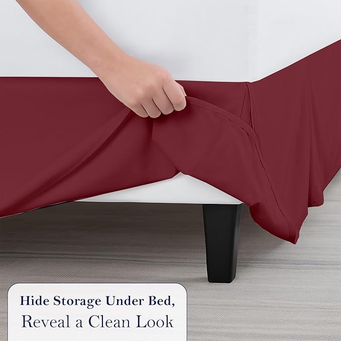 Full Bed Skirt, Luxury 12 Inch Drop Burgundy Pleated Bed Skirt, Double Brushed Microfiber, Box Pleat Design, Wrinkle & Fade Resistant, Easy Fit Tailored Bedskirt for Full Size Beds