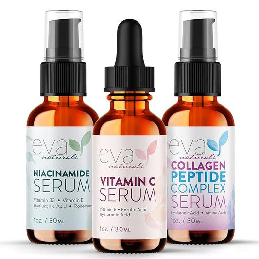 Eva Naturals Firm & Glow Serum Bundle – Vitamin C, Peptide & Niacinamide Serums – Anti-Aging Face Serum Set for Wrinkles, Glow, Pores, Hydration – Collagen Boosting Skin Care Routine