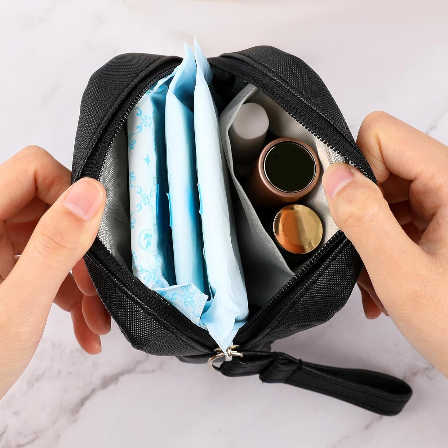 2 Pcs Sanitary Napkin Storage Bag,Period Bag, Period Pouch,Feminine Menstrual Pad Tampon Organizer,Portable Sanitary Pads Pouches First Period Kit for Teen Girls Women Ladies(Black&Beige)