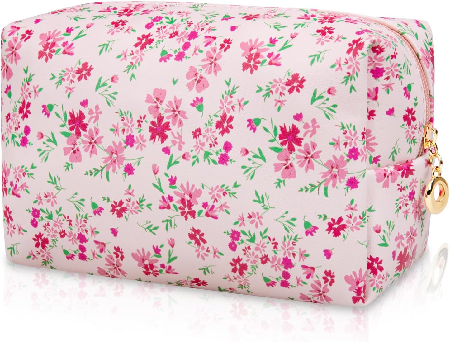 Floral Waterproof Makeup Bag, Leather Cosmetic Bag with Compartments, Zipper Make up Pouch Organizer, Portable Storage Travel Toiletry Bag Gifts for Women Girls(Pink Flower)