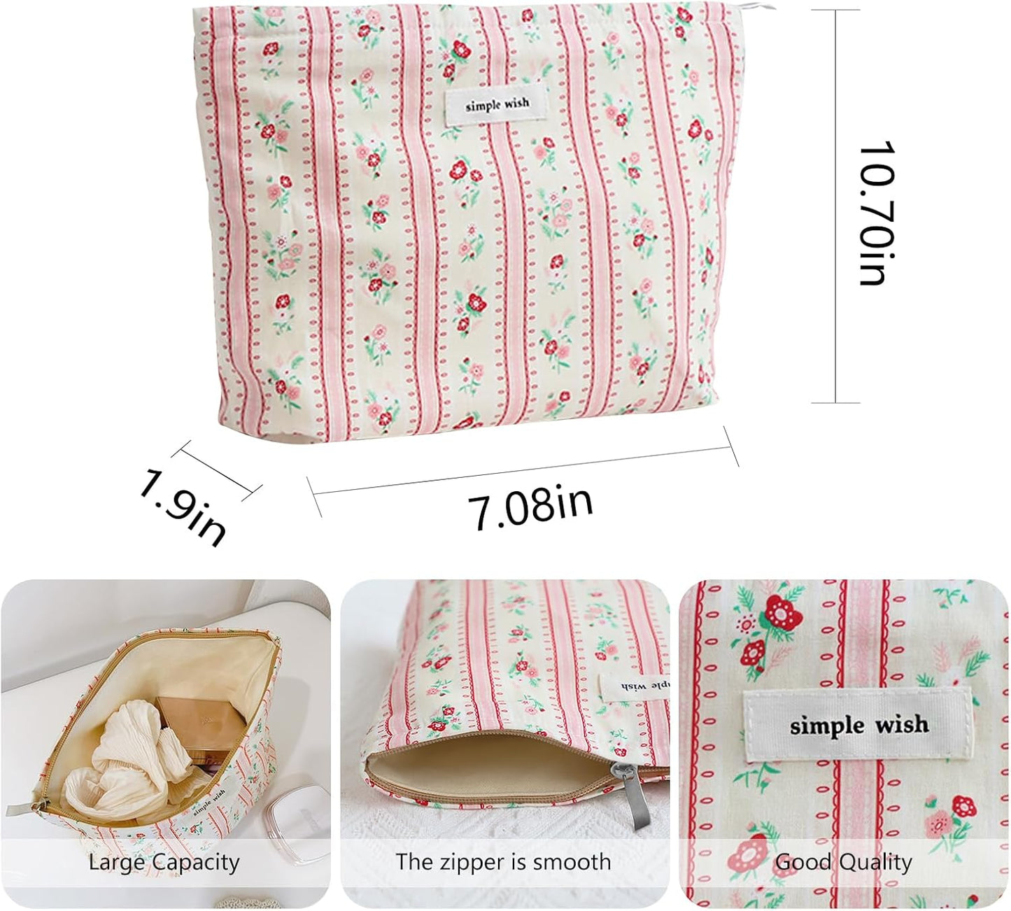 Wudygir Floral Makeup Bag for Women Travel Cosmetic Pouch with Zipper Large Capacity Canvas Toiletry Bag & Aesthetic Canvas Handbag (Pink Striped Floral)