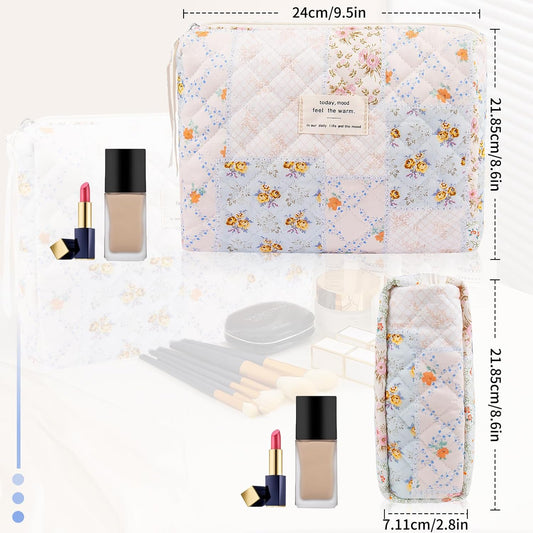 2PC Makeup Bag Set, Cute Cosmetic Bag for Women Girls, Floral Coquette Aesthetic Toiletry Bag, Travel Make Up Organizer Bag (Folk Style)