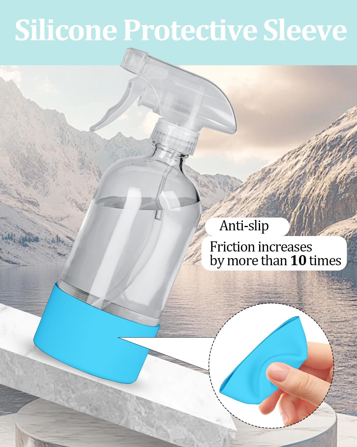 2 Pack 360° Glass Spray Bottles with Silicone Sleeve, 16 oz Empty Refillable Containers with Adjustable Spray Nozzles, Spray Bottles for Hair, Cleaning Solutions and Plants Grey&Blue