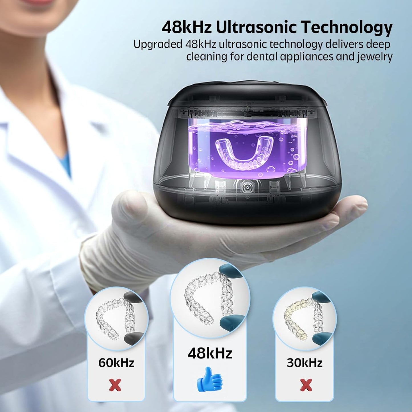 Ultrasonic Retainer Cleaner Machine 48kHz Denture and Aligner Cleaning Pod for Mouth Guards Night Guards Dental Trays Braces Toothbrushes Jewelry with 200ML Capacity (Black)