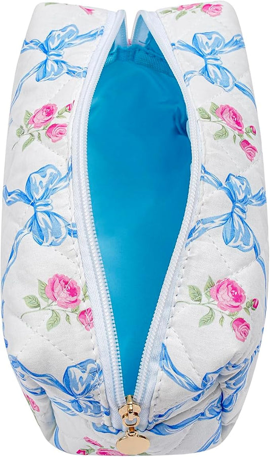 Makeup Bag Travel Cosmetic Bag for Women Girls, Zipper Make Up Pouch, Floral Flowers Toiletry Organizer Makeup, Portable Storage Bag, Cosmetic Travel Cloth Bag (Blue Bowknot/Gold Zipper)