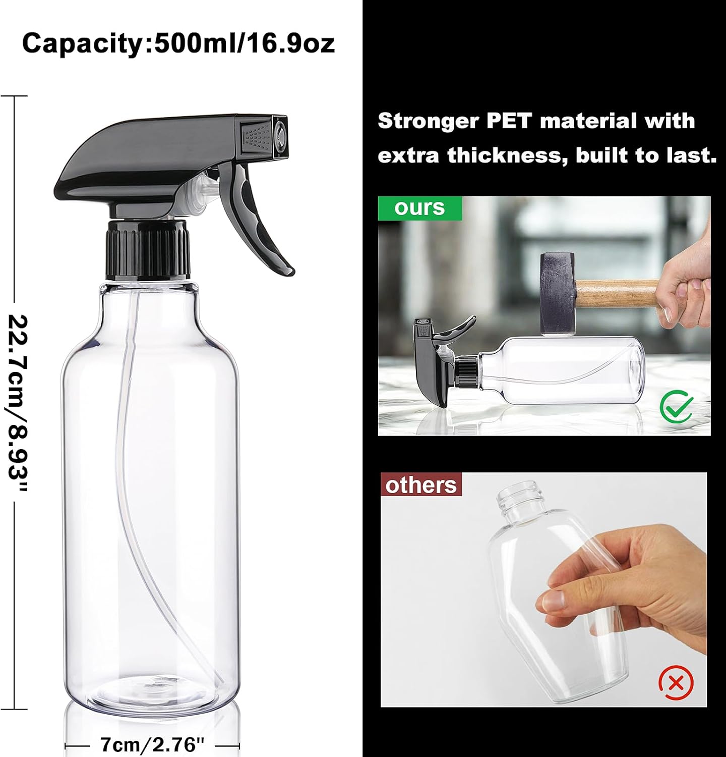 Spray Bottles Plastic Spray Bottle for Hair Mist/Stream Heavy Duty Empty Spray Bottles for Cleaning Solutions, Plants, Cooking (16.9oz-Blackclear+nozzle)