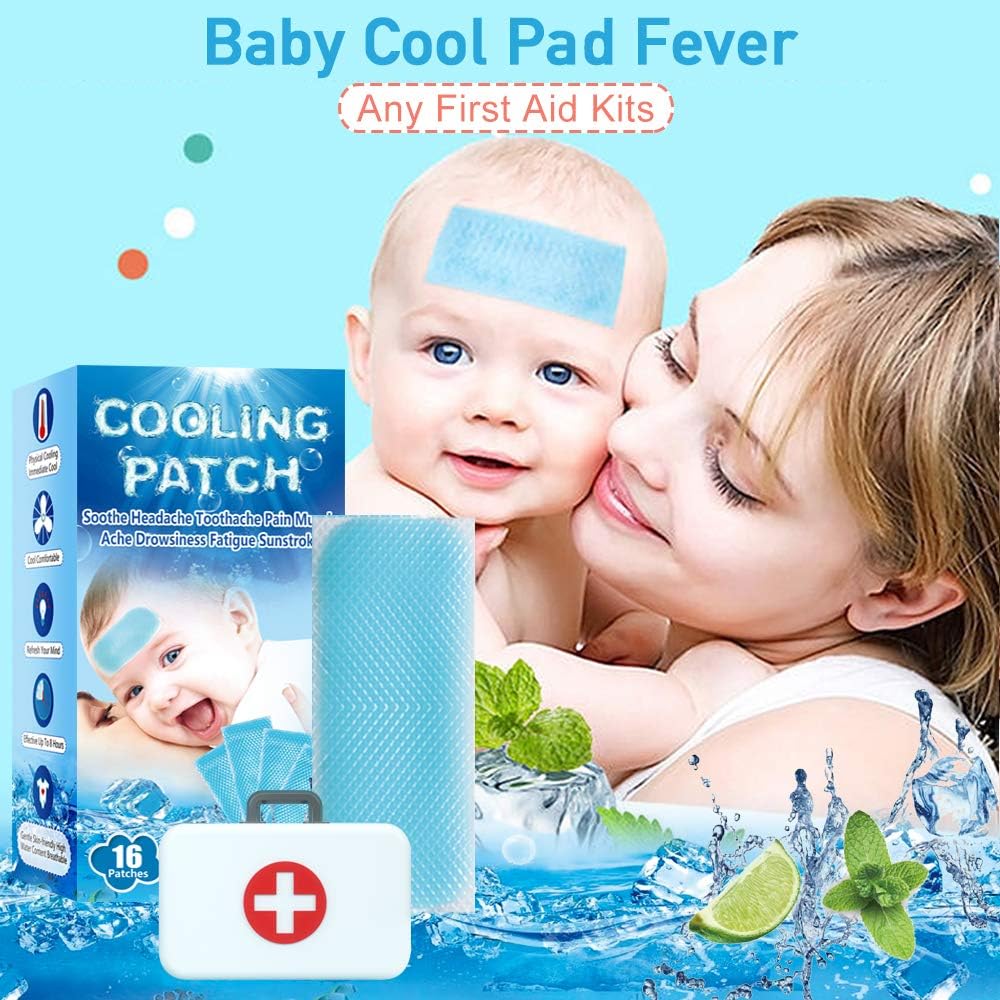 16 Sheets Baby Cool Pads for Kids Fever Discomfort & Pain Relief, Cooling Relief Fever Reducer, Soothe Headache Pain, Pack of 16