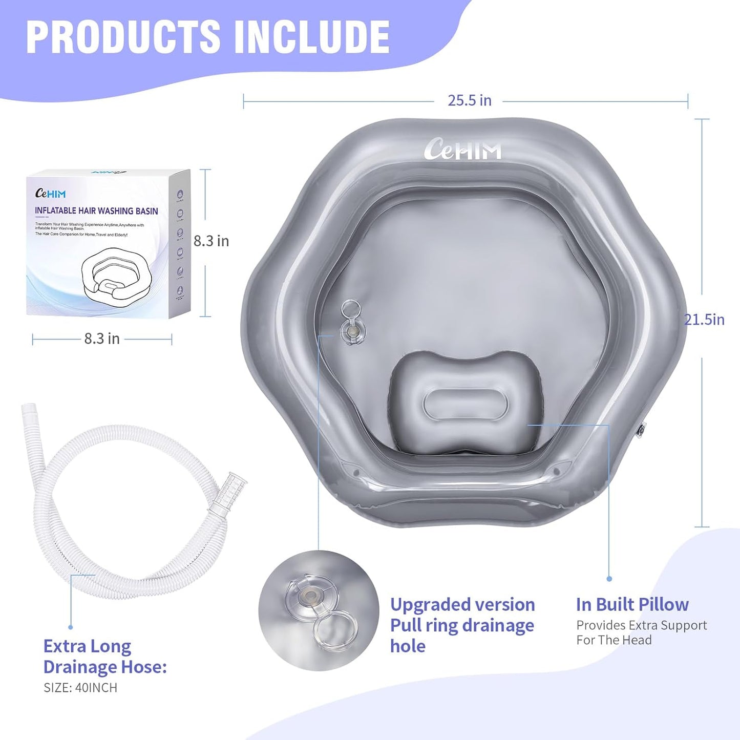 Inflatable Shampoo Basin for Bedridden, Elderly & Disabled - Petal-Shape Large Size, 360° Neck Support, Central Drain Hole with Pull Ring | Leak-Proof PVC Portable Hair Washing Bowl (Silver)