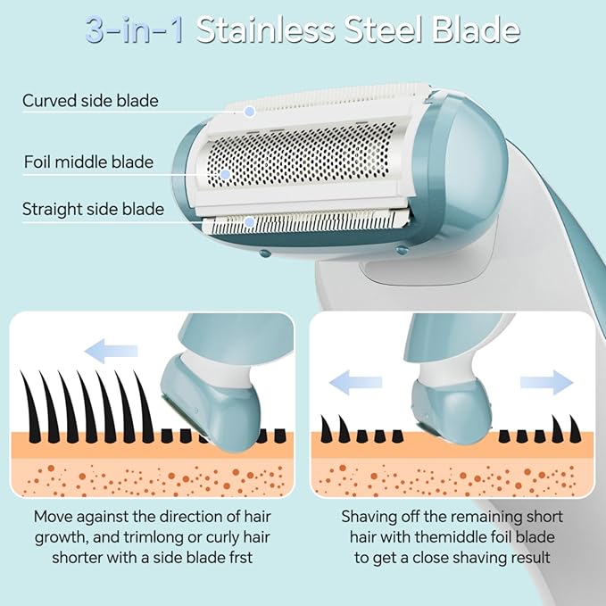 Electric Shaver for Women, Bikini Trimmer Wet & Dry Use, Body Hair Removal, Electric Razors for Leg Armpit Public Painless, Cordless Rechargeable Trimmer, Detachable Head, with LED Light