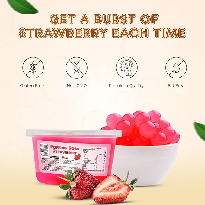 Fanale Strawberry Popping Boba Pearls, Vegan, Non GMO, Gluten Free, Fat Free, Perfect for Bubble Tea, Smoothies, Ice Cream, Desserts, and Beverages.