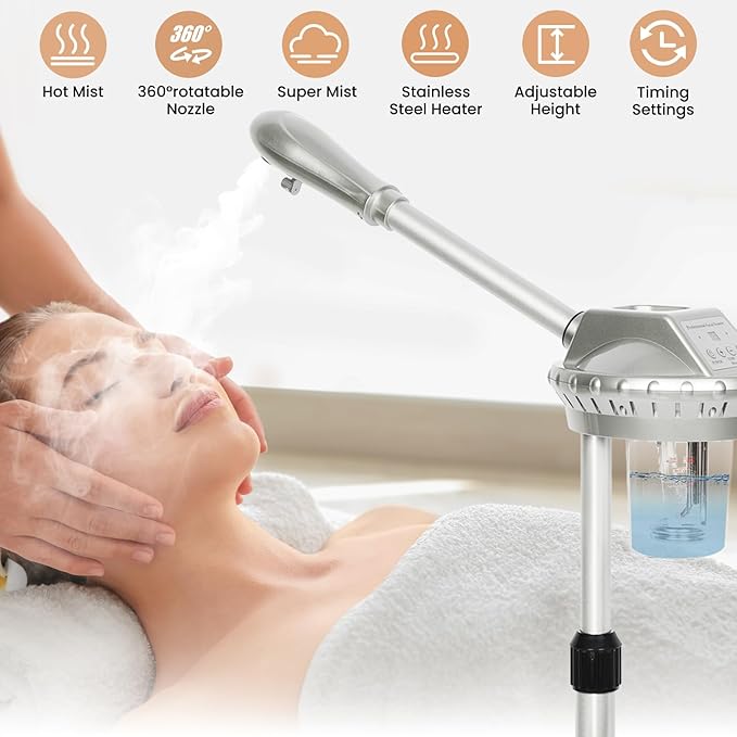 Facial Steamer Professional,Face Steamer for Estheticians with Hot Mist & Timer Function,Height Adjustable Vaporizador Facial Steamr on Wheels