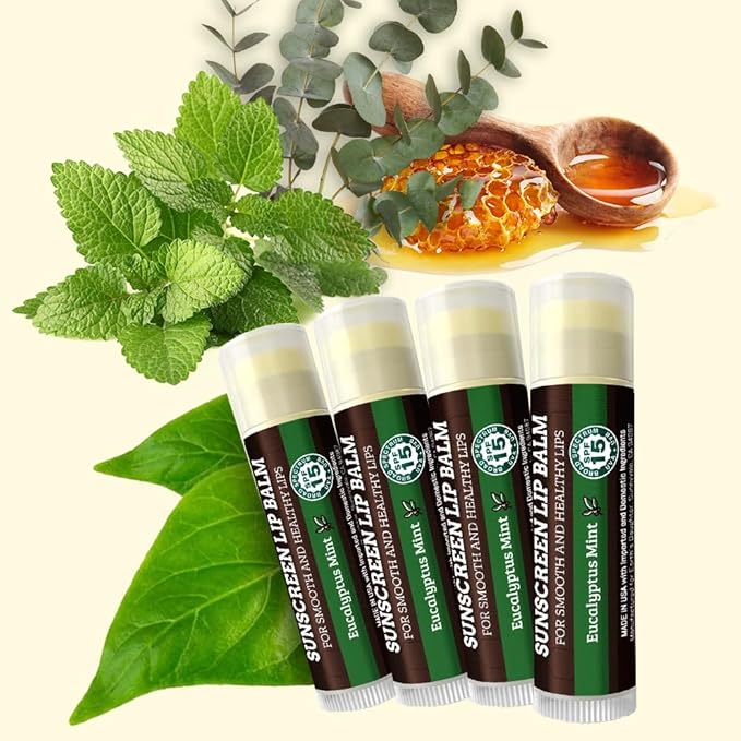 SPF Lip Balm 4-Pack by Earth's Daughter - Lip Sunscreen, SPF 15, Organic Ingredients, Eucalyptus Mint Flavor, Beeswax, Coconut Oil, Vitamin E - Hypoallergenic, Paraben Free, Gluten Free