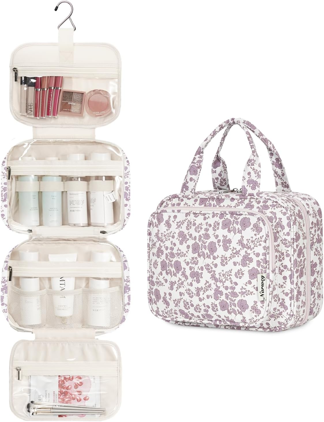 Narwey Hanging Floral Toiletry Bag for Women Travel Makeup Bag Organizer Toiletries Bag for Travel Size Essentials Accessories Cosmetics (Little Dusty Pink Flower (Medium))