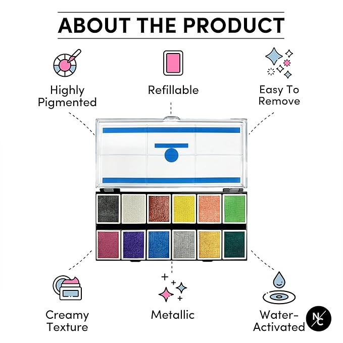 Metallic 12-Color Palette - Luxurious Water-Activated Makeup for Face & Body - Shimmering Shades for SFX, Cosplay, Theater, Film & TV Makeup Artists