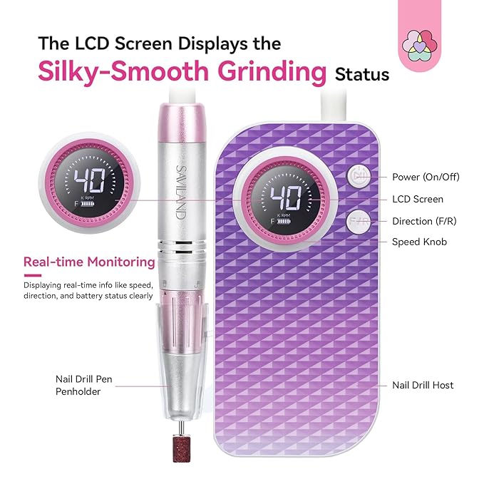 SAVILAND Essentials Electric Nail Drill: 40000RPM High-Torque Nail File Quick Removal for Acrylic Nails Easy Operation Portable Nail Drill for Beginner Home DIY Nail Art Manicure Pedicure