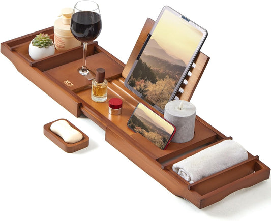 XcE Bathtub Caddy Tray Expandable to 105cm with Bamboo Book Stand and Soap Tray, Brown