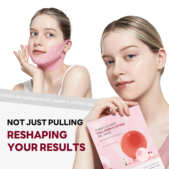 ROUND LAB Camellia Deep Collagen V Lifting Gel Mask 4EA | Double-chin Mask, Instant Cooling & Depuffing, Face Toning Belt, Collagen V-line, Improves Sagging Skin, Lifting & Firming 10g/0.35oz