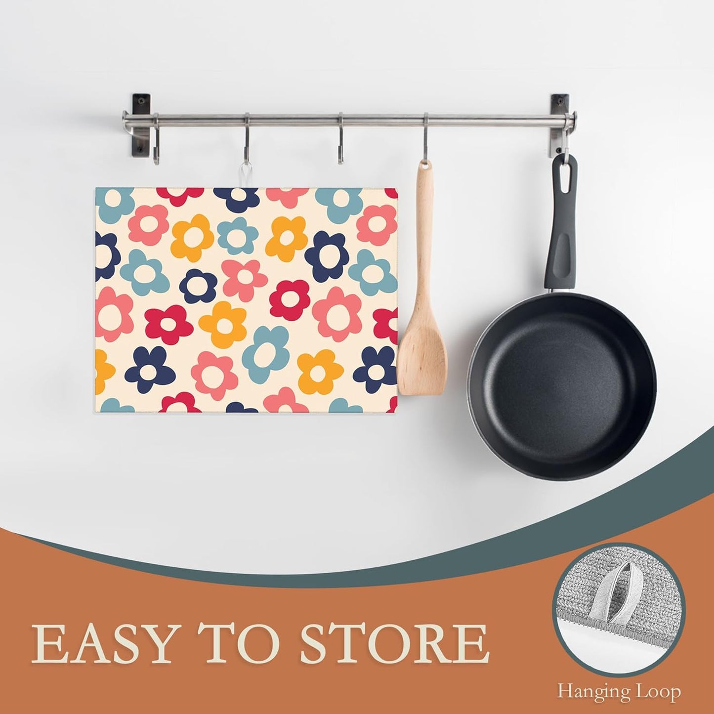 Vintage Groovy Flowers Dish Drying Rack Mats Decor,Colorful Daisy Dish Pad Drying Mat Kitchen Counter 18x24 Inch Absorbent Reversible Microfiber for Coffee Bar Sink Countertop