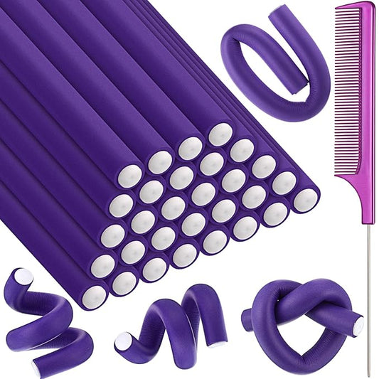 Syhood 30 Pcs 7'' Flexible Curling Rods Twist Foam Hair Rollers Soft Foam No Heat Hair Rods Rollers and 1 Steel Pintail Comb Rat Tail Comb for Women Long Short Hair(Purple,7 x 0.55 Inch)