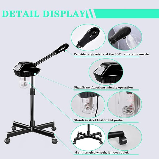 Professional Facial Steamer for Estheticians, Hot Mist & Timer Function, Ozone Facial Steamer on Wheels for Spa Beauty, Home Use