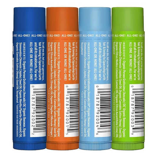 Dr. Bronner's - Organic Lip Balm Variety Peppermint, Orange Ginger, Naked, Lemon Lime) - Made with Organic Beeswax and Avocado Oil, For Dry Lips, Hands, Chin or Cheeks, 0.15 Ounce (Pack of 4)