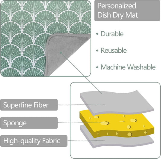 SHIYUE Dish Drying Mat for Kitchen Counter Super Absorbent Spring Kitchen Decor Microfiber Drying Matainers Rack Fast Pad Dish Drainer Mats(Green Shell Geometric,18''x24'')