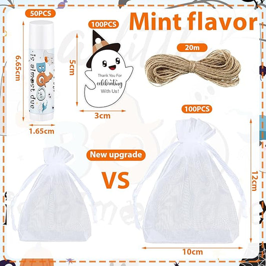 Demissle 50 Pcs Baby Shower Lip Balm Gift Set with 100 Pcs Organza Bags Baby Shower Party Favor for Guest Thank You Tag Rope Baby Shower Party Decoration Gender Reveal Souvenirs (Ghost)