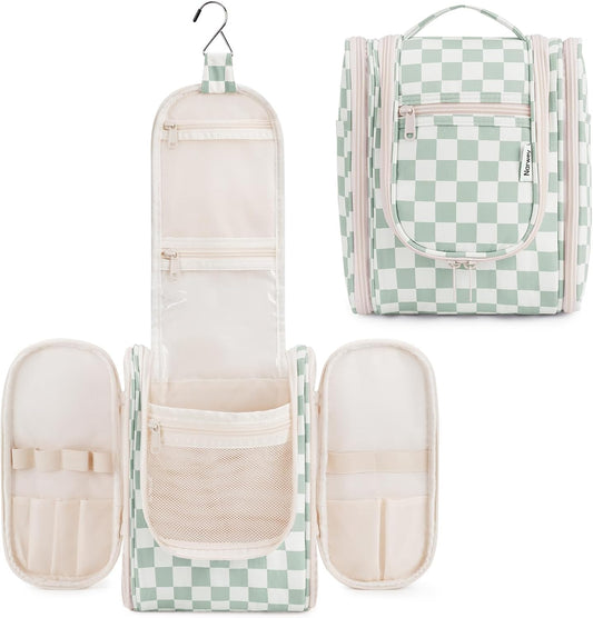 Narwey Small Checkered Hanging Travel Toiletry Bag for Women, Travel Bag for Toiletries, Makeup Bag Organizer Cosmetic Bags Make Up Bags for Women (Mint Green Checkerboard)