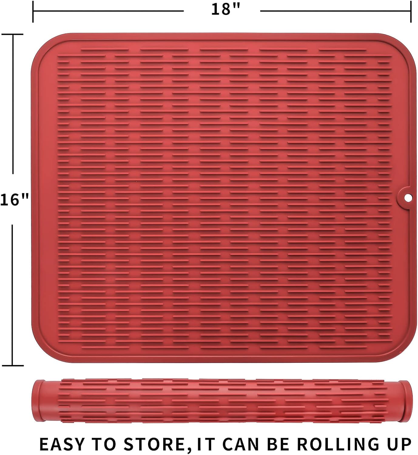 Silicone Dish Drying Mat for Multiple Usage,Easy clean,Eco-friendly,Heat-resistant Silicone Mat for Kitchen Counter or Sink,Refrigerator or Drawer Liner Red XL 18 inches x 16 inches