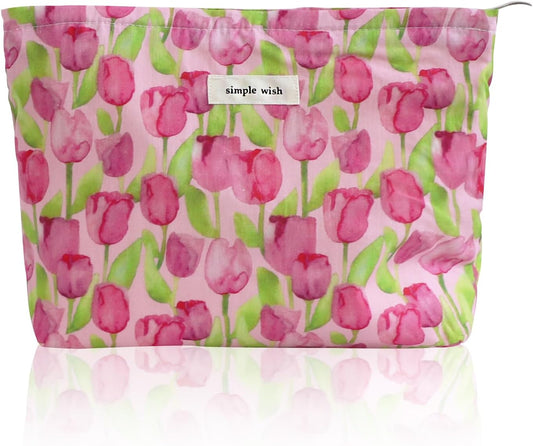 Wudygir Floral Makeup Bag for Women Travel Toiletry Bag Large Capacity Cosmetic Pouch with Zipper Cute Makeup Organizer Portable Handbag (Tulips)