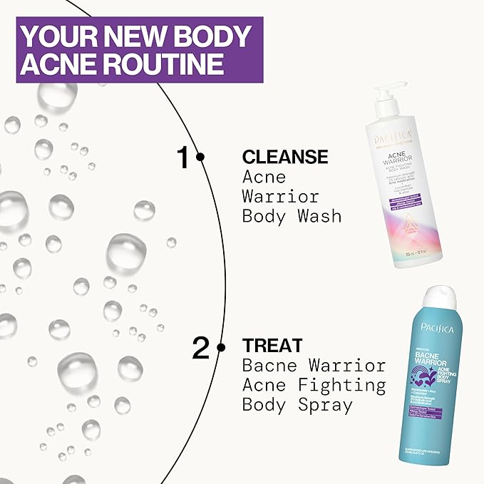 Pacifica Bacne Acne Cleanser Spray - Bacne Warrior - Body Spray for Acne Treatment - w/ 2% Salicylic Acid Niacinamide & Aloe - for Body, Chest & Back Acne for Teens & Adults Vegan Dermatologist Tested