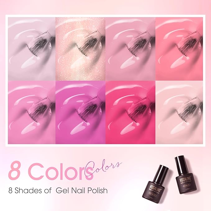 ROSALIND Pink Gel Polish, 8 Colors Hot Pink Light Pink Neon Pink Gel Nail Polish Set Pink Shades Pink Valentine Gel Polish Collection Nail Art Gift DIY at Home
