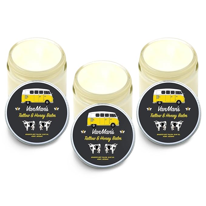 Vanman's Tallow and Honey Balm With No Added Scent (3 Pack) - Beef Tallow Face Moisturizer with Grass-Fed/Finished Beef Tallow for Skin, Organic Raw Honey and Beeswax, Cold Pressed Olive Oil - 2.5 oz