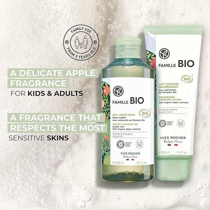 Yves Rocher Famille BIO Organic Cleansing Gel & Nourishing Comfort Milk Gift Set, Includes Vanity Bag, Apple Extract Botanical Formula, Organic Skin Care Products for Kids & Families