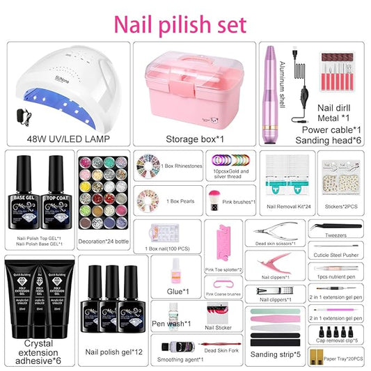 Gel Nail Polish Kit for Women with 6 Colors Extension Poly Nail Gel set, 48W UV Lamp, 12pcs nail polish set with Base Coat and Top coat,Professional Manicure Tool for Home DIY Salon
