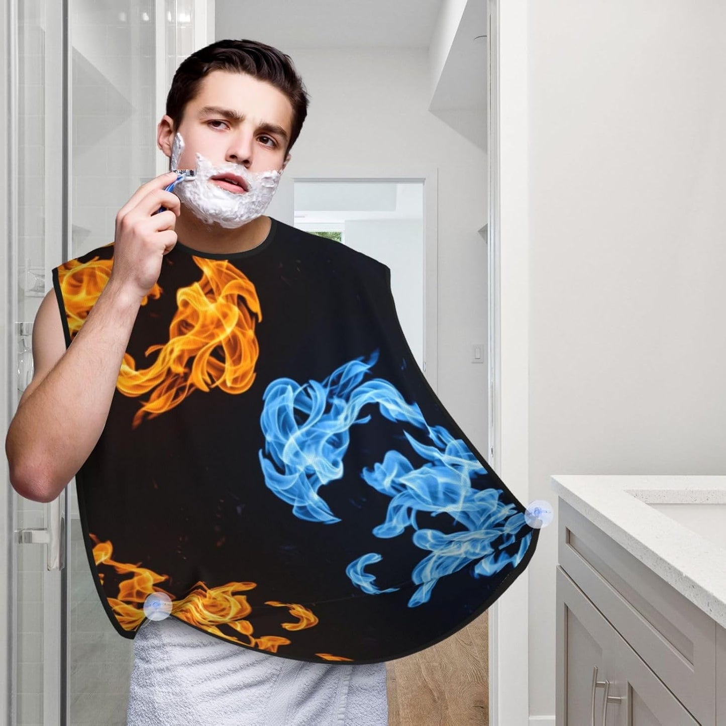 Waterproof Beard Grooming Bib, Red Blue Fire Balck Shave Bib, Non-Stick Hair Catcher for Shaving Trimming, Apron Essential for Men Dad