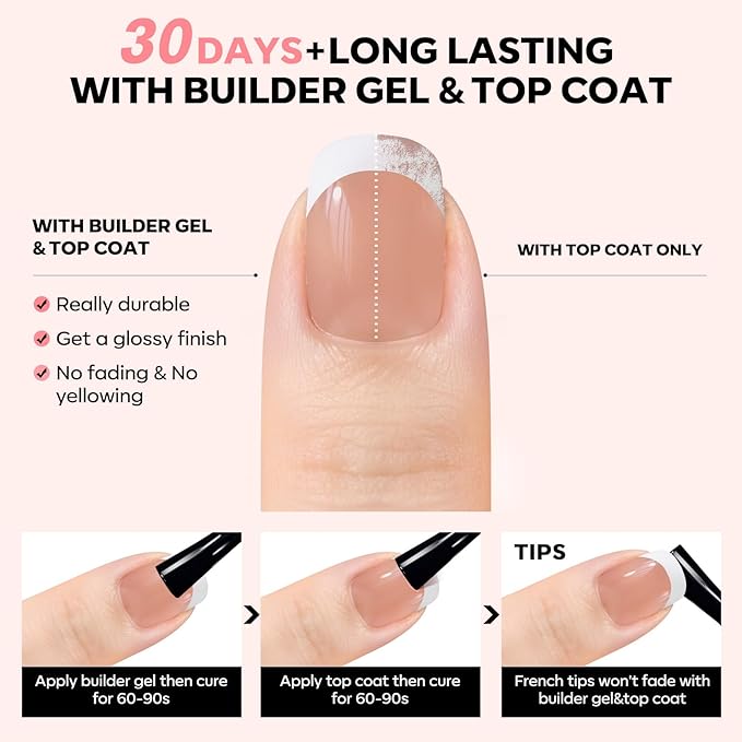 modelones French Tip Press on Nails, Short Square Fake Nails with Nail Box, Deep Nude Gel Nail Tips for Women, Soft Glue-On Nails for Natural Salon Look, DIY Nail Art Kit