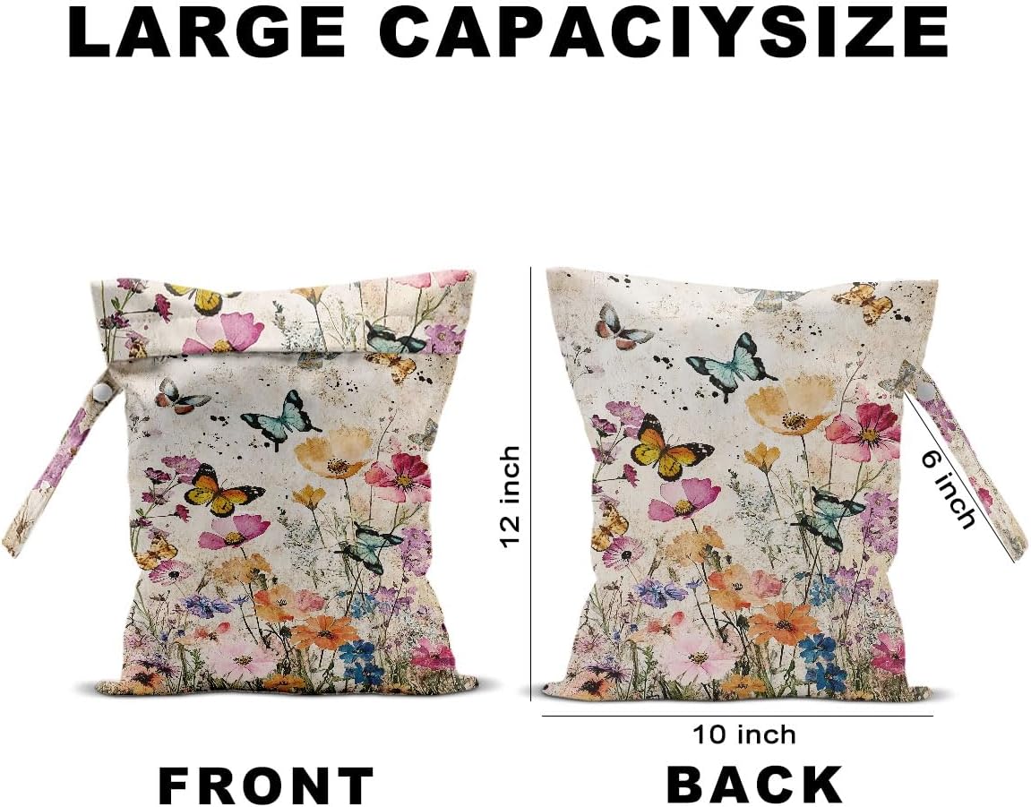 2Pcs Wet Bags, Cat Lover Gifts Wet Dry Bag Reusable for Swimsuit, Travel, Diapers, Beach, Dirty Yoga Gym Clothes, Toiletries, Makeup Bag, Waterproof Butterfly Cat Floral Print Birthday Christmas Gifts